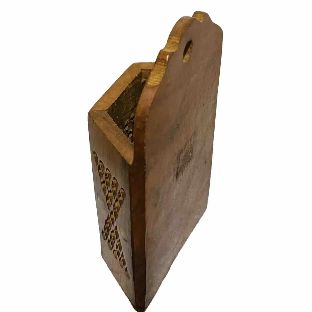 Carved Teak Wood Match Box Incense Wall Pocket Pierced Pattern Brass Studs Inlay